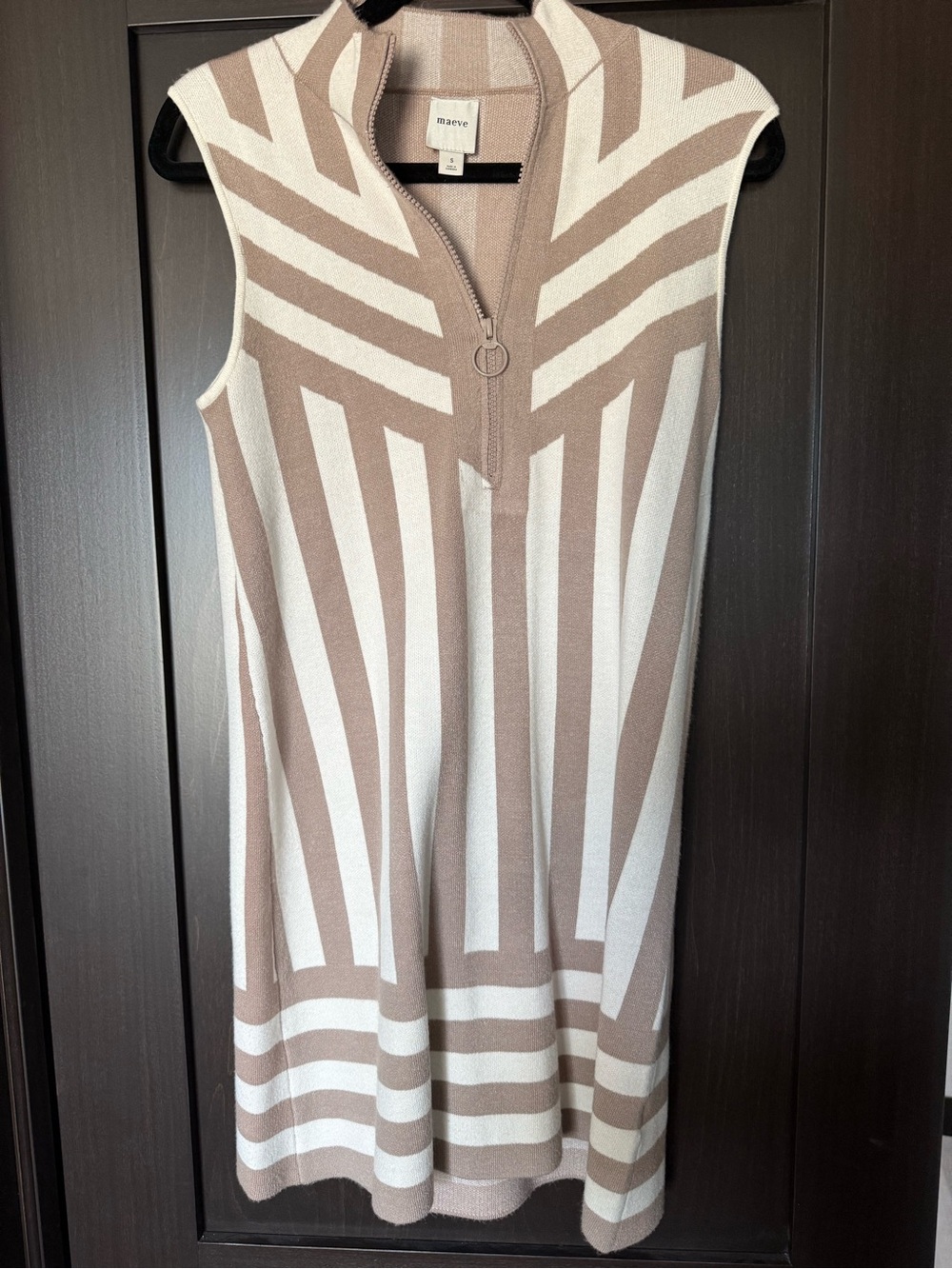 Maeve Beige and White Sleeveless Zip Knit Mini Dress